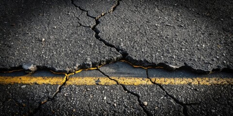 Obraz premium Cracked Asphalt Road Surface with Yellow Line Detail