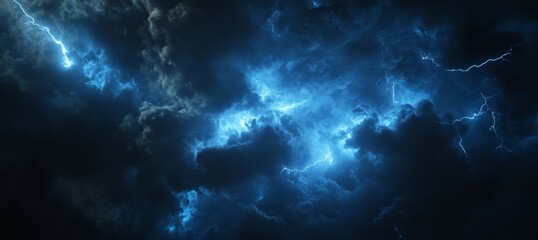 Dramatic lightning bolts striking through dark stormy clouds.