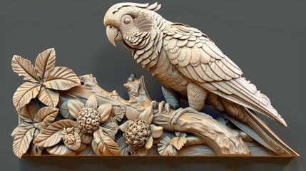Fototapeta premium A detailed carved relief of a parrot perched on a branch with flowers.