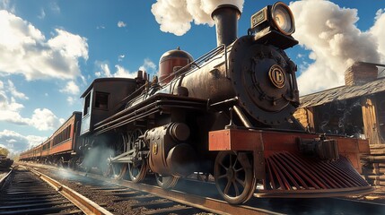 Naklejka premium Historic Steam Locomotive Train Rolling Through Scenic Landscape