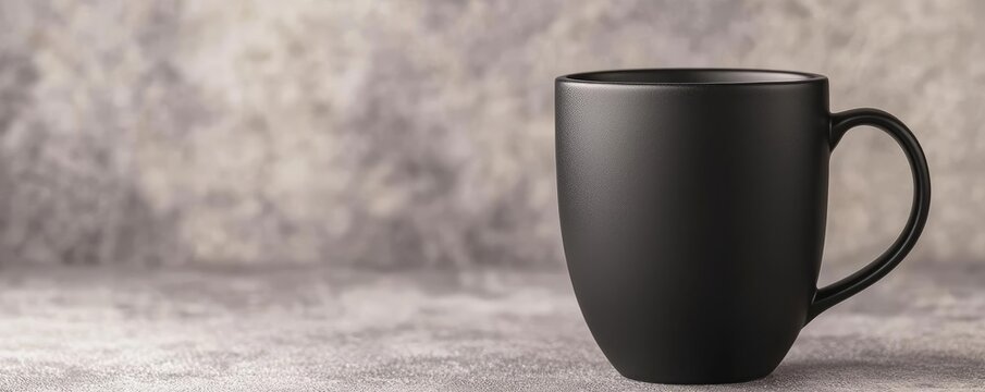 Minimal coffee concept. A sleek black mug on a textured surface, perfect for coffee or tea enthusiasts.