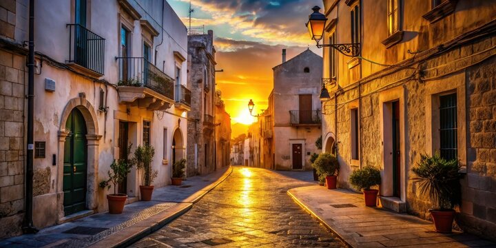 Fototapeta Vintage Monopoli: Apulian shadows lengthen across the downtown streets at sunset.