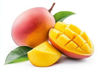 Ripe mango fruit with slices and leaves isolated on white.