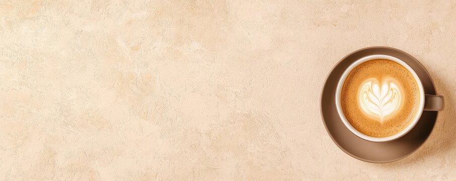 Minimal coffee idea. Freshly brewed coffee with latte art on a textured background for a cozy vibe.