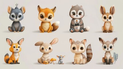 Obraz premium A collection of cute, cartoon-style woodland animals, including a fox, rabbit, and raccoon.