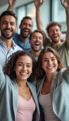 A diverse group of six young adults, both men and women, are joyfully celebrating together, their faces radiating happiness and excitement. The atmosphere is vibrant and energetic, showcasing a moment