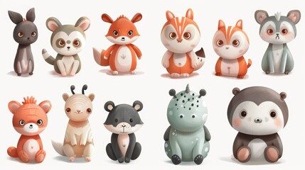 Obraz premium A collection of cute, stylized animal characters in various poses and colors.