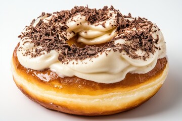 Delicious chocolate frosted donut with creamy icing and chocolate shavings on top, perfect for dessert lovers seeking sweet indulgence, and bakery treats.