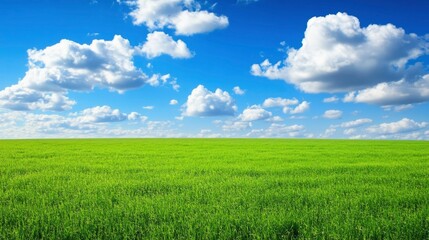 Obraz premium Lush Green Field Under A Blue Sky With Puffy Clouds