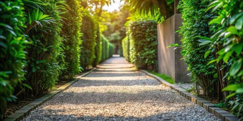 Sunlit Garden Path A Serene Walkway Lined with Lush Green Hedges and Stone Borders