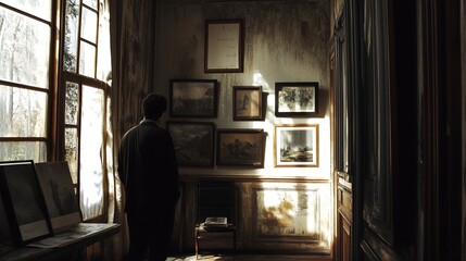 Contemplative Man in Sunlit Antique Room with Paintings