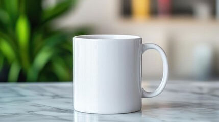 Fototapeta premium Minimal coffee concept. A blank white mug on a marble surface, ideal for branding or creative designs.