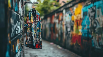 Fototapeta premium Colorful Painted Shirt Hangs In Graffiti Alleyway