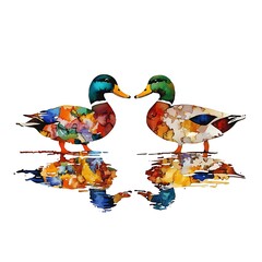Obraz premium A Colorful Watercolor Painting of Two Mallard Ducks Facing Each Other, Reflected in a Vibrant Water Surface.
