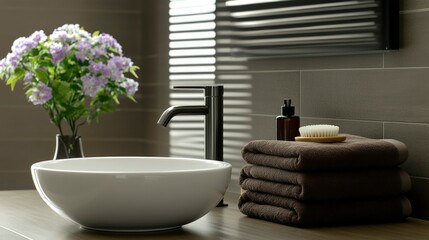 Fototapeta premium Modern Bathroom Sink With Towels And Flowers