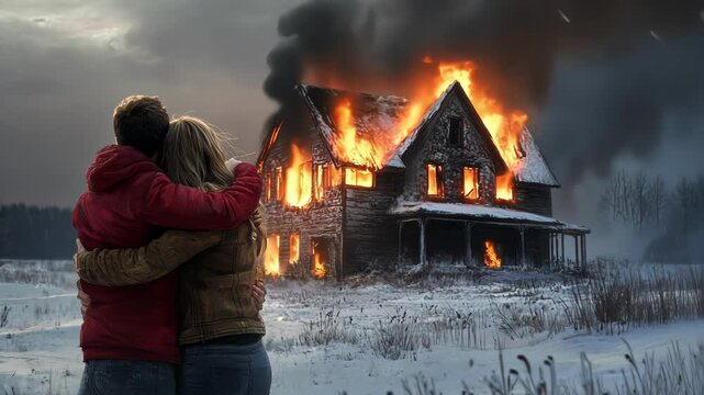 A couple embraces in front of a burning house amidst a snowy landscape.
