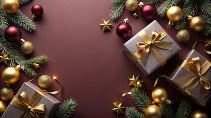 Elegant Holiday Gifts and Ornaments on Maroon Background