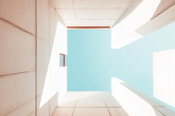 Obraz premium Low-angle view of a light-filled interior courtyard with a clear blue sky visible through an opening in the ceiling.