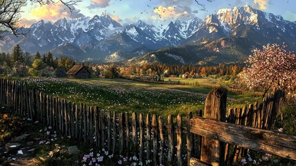Obraz premium Beautiful mountain landscape with blooming flowers and a rustic fence in a serene natural setting.