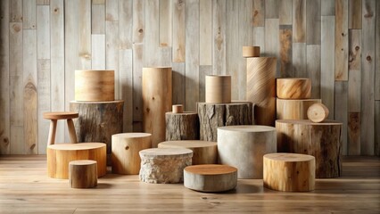 Rustic wooden display stand arrangement with various shapes and sizes, perfect for showcasing products or art