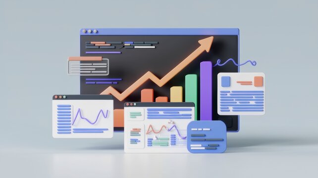 3D illustration of a data analytics dashboard showing upward trending graphs,