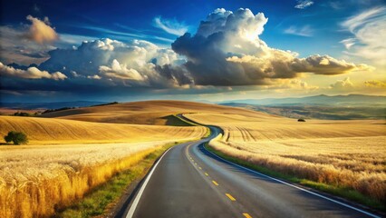 Naklejka premium Asphalt Road Winding Through Golden Wheat Fields Under a Dramatic Sunset Sky
