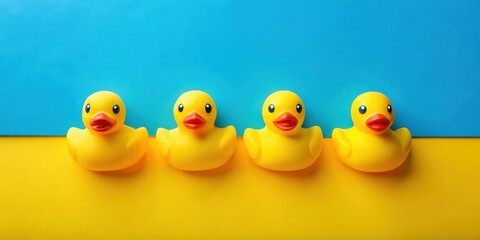 Four cheerful yellow rubber duck toys arranged in a row against a vibrant blue and yellow background