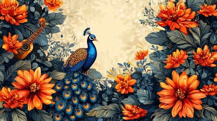 Naklejka premium Colorful Peacock Surrounded by Vibrant Flowers and Foliage