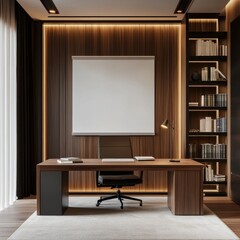 Modern home office with wood wall, desk, chair, and bookcase.