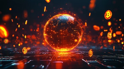 Obraz premium Glowing Earth globe with cryptocurrency symbols orbiting.