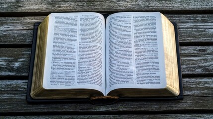 Obraz premium Open Holy Bible rests on weathered wooden surface