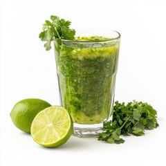 Fototapeta premium Refreshing Cilantro Lime Smoothie Recipe: A vibrant green beverage perfect for a healthy and delicious treat. Made with fresh cilantro, lime, and other healthy ingredients.