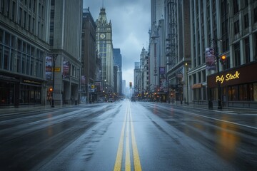 Empty rain-slicked city street at dawn, tall buildings flanking the road, showing a perspective of depth and solitude.