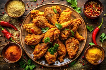 Fototapeta premium Golden-brown, crispy spicy wings, aerial view. A delicious recipe revealed.