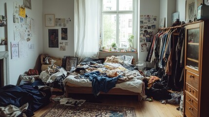 A messy teenager's room with clothes on the floor and an unmade bed 