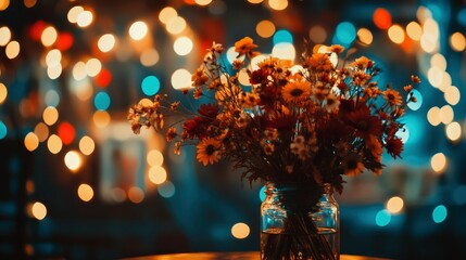 Fototapeta premium Flower bouquet in jar against blurred lights background