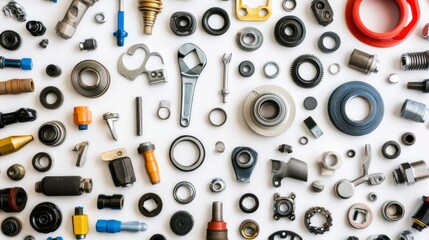 Assorted Metal Parts and Tools Arranged on White Background