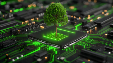 Fototapeta premium On a digital circuit board, a bright green tree sprouting from a glowing microchip represents the balance between nature and technology.