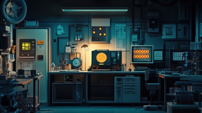 A research lab experimenting with quantum computing, featuring complex equipment and glowing particles