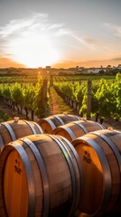 Obraz premium A serene countryside vineyard during golden hour, with rows of grapevines, rustic wooden barrels, and a backdrop of rolling hills under a clear sky