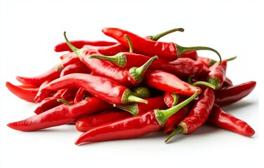 Pile of fresh red chili peppers isolated on white background.