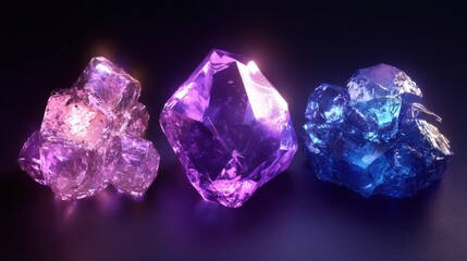 Fototapeta premium Explore stunning gemstones: radiant purple, pink, and blue crystals beautifully illuminated, creating an enchanting visual display of nature's art.