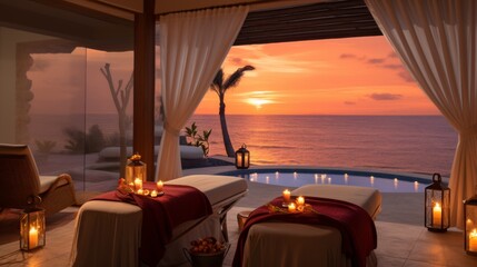 A luxury spa setting featuring a tranquil infinity pool overlooking a tropical beach at sunset
