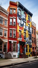 A vibrant street art mural in a bustling urban neighborhood, dynamic angles, and bold colors