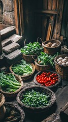 Rustic Baskets Overflowing With Fresh Vegetables And Herbs