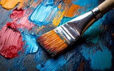 Fototapeta premium Brush strokes painting textured layers across a colorful canvas. Generative AI