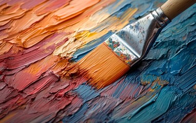 Fototapeta premium Brush strokes painting textured layers across a colorful canvas. Generative AI