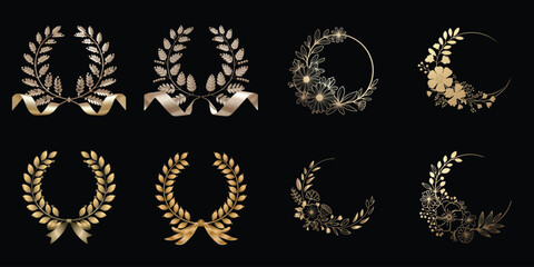 Elegant Gold Laurel and Floral Wreaths on a Black Background