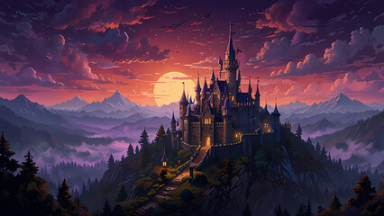 A mystical pixel art castle atop a mountain, surrounded by pixelated clouds and a dramatic purple sky