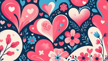 Seamless Pattern of Colorful Hearts with Floral Details on Dark Background. naive valentine background